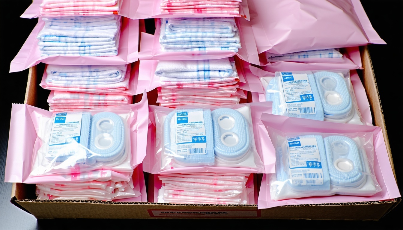 Menstrual products packaged and ready for delivery.